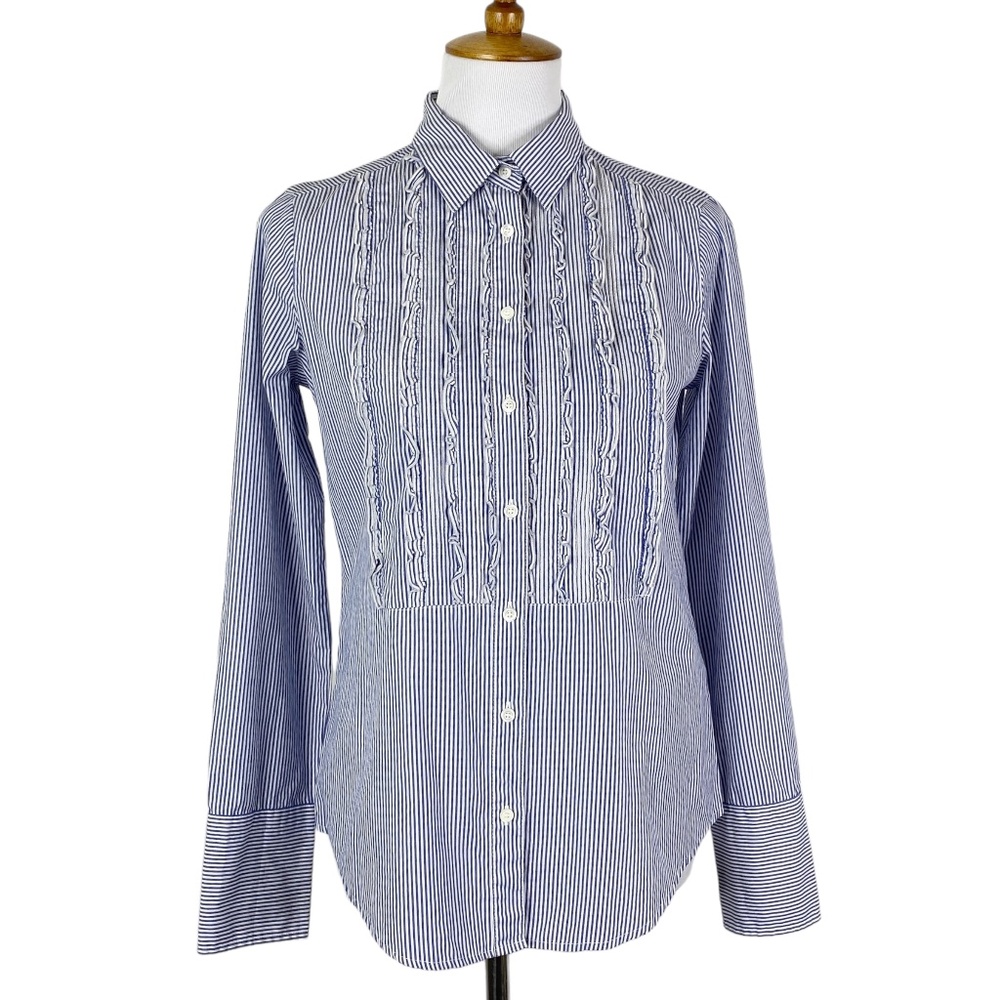 NWT J. Crew Striped Ruffle Front Button Down Shirt Sz. 4 Blue White Preppy